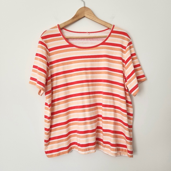 Vintage 90s Peach Striped Short Sleeve T- Shirt Orange White Casual Size XL - Picture 1 of 8